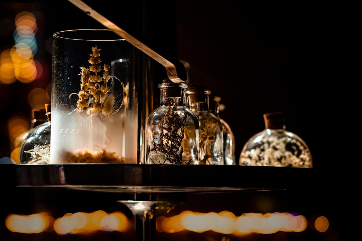 Glassware catching sunlight on a table